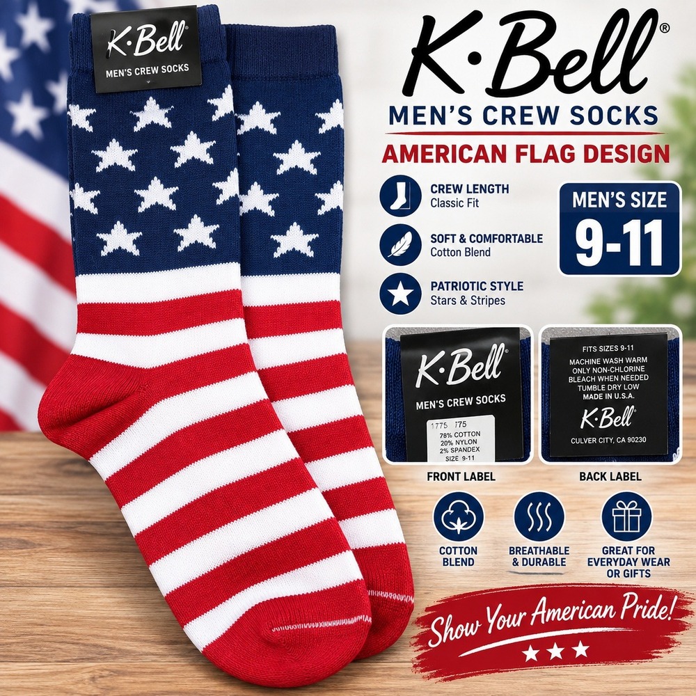 K. Bell Mens American Flag Crew Socks Stars and Stripes Cotton Blend Size 9-11